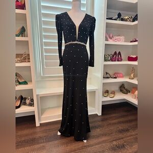 Mac Duggal Black Long Sleeve Dress with Silver Accents